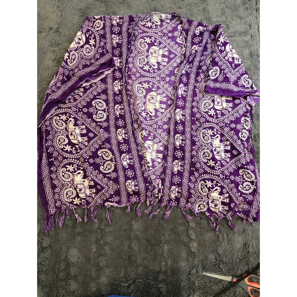 Kathmandu Imports Purple Elephant Paisley Fringe Kimono Swimsuit Cover Up Boho